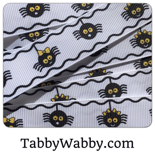 Itsy Bisty Spider w/ Bright Yellow Glitter ink on 7/8" white ribbon 100 yds TWRH