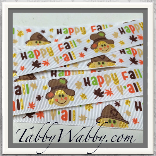 Happy Fall Y'all Scarecrow Faces Glitter Fun 20 yds 7/8" on OFF white GG TWRH