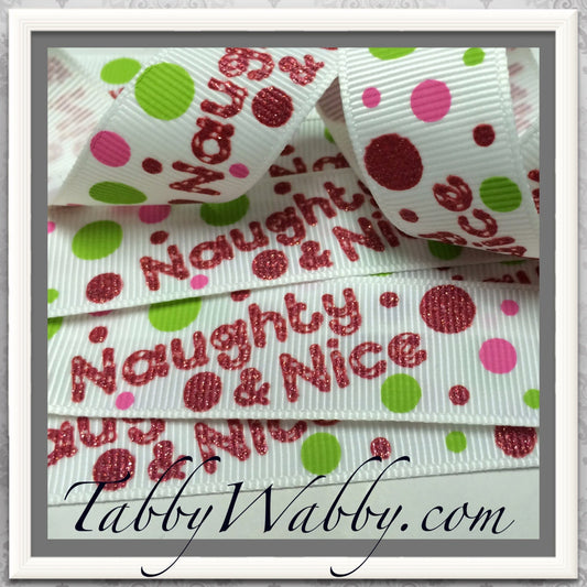 Naughty & Nice Glitter Candy Cane letters 2 yds 7/8" on white TWRH