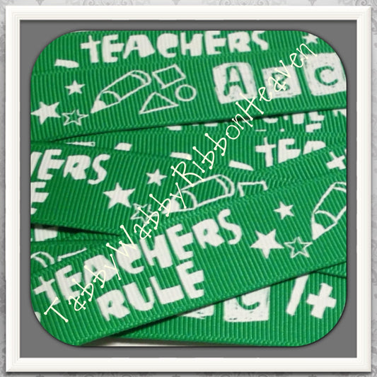 Back to School Teachers Rule 5 yards 7/8" on Classic School Green ribbon Chalk board