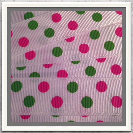 Custom Polka Dots Apple Green & Shocking Pink on white GG Ribbon 3 yds 7/8" TWRH