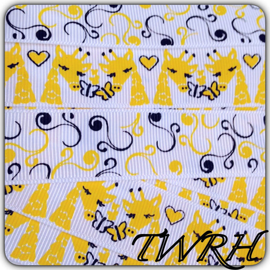 M2MG Giraffe New Set Yellow & Black Set 3 yards printed 2 yards Scrolls (5 yd total) 7/8" ribbon on white TWRH