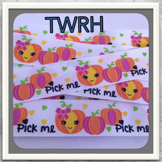 Pick Me Pumpkins for Harvest Cuties 5 yards 7/8" on white TWRH