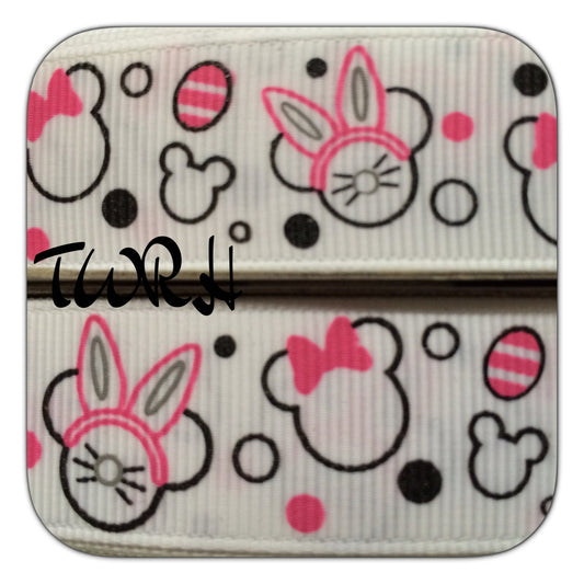 Easter Bunny Minnie and Mickey Hot Pink & black ink on white 7/8" grosgrain ribbon 10 Yards- TWRH