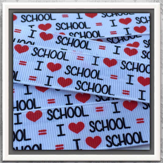 I Love School = 2 yards on White 7/8" grosgrain ribbon  TWRH