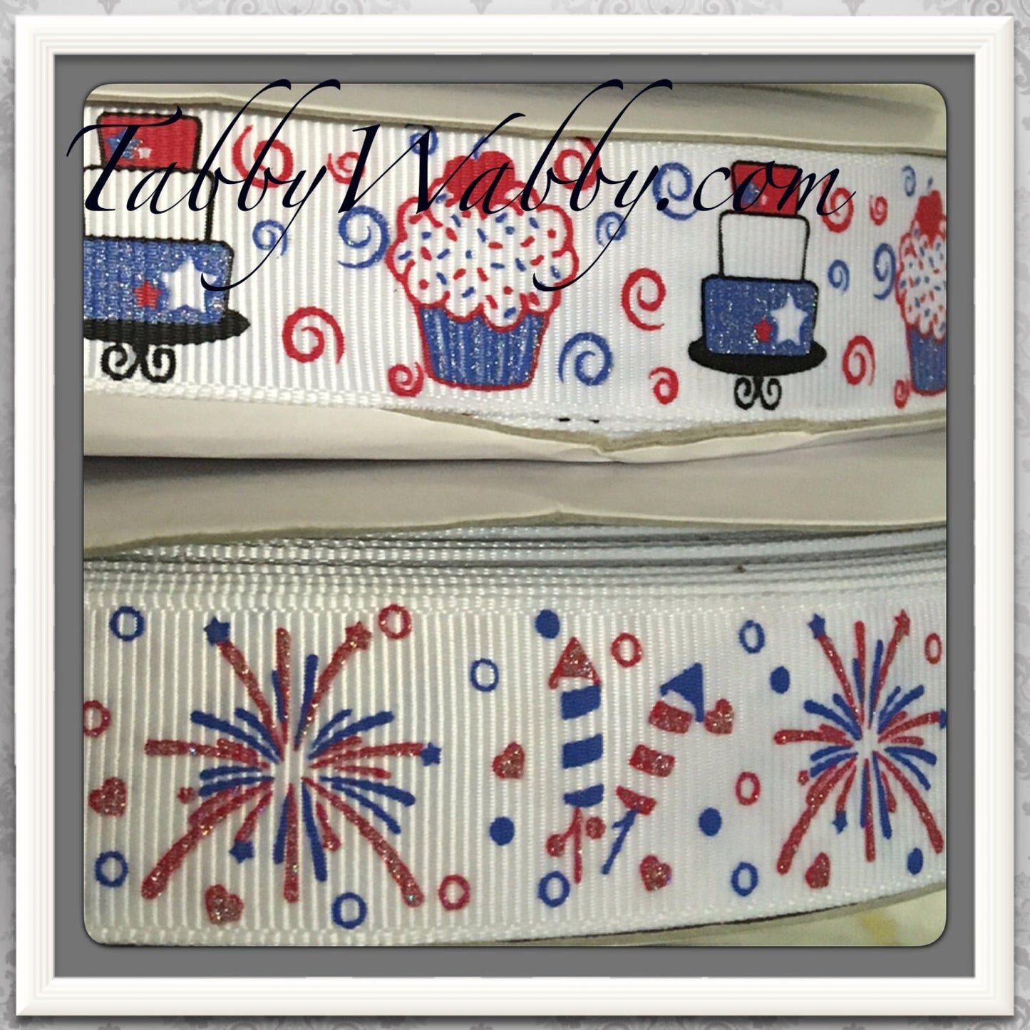 Rockets & Fireworks, Cup Cakes * Cakes USA Pride 6 yds 7/8" on white 2 yards each design TWRH