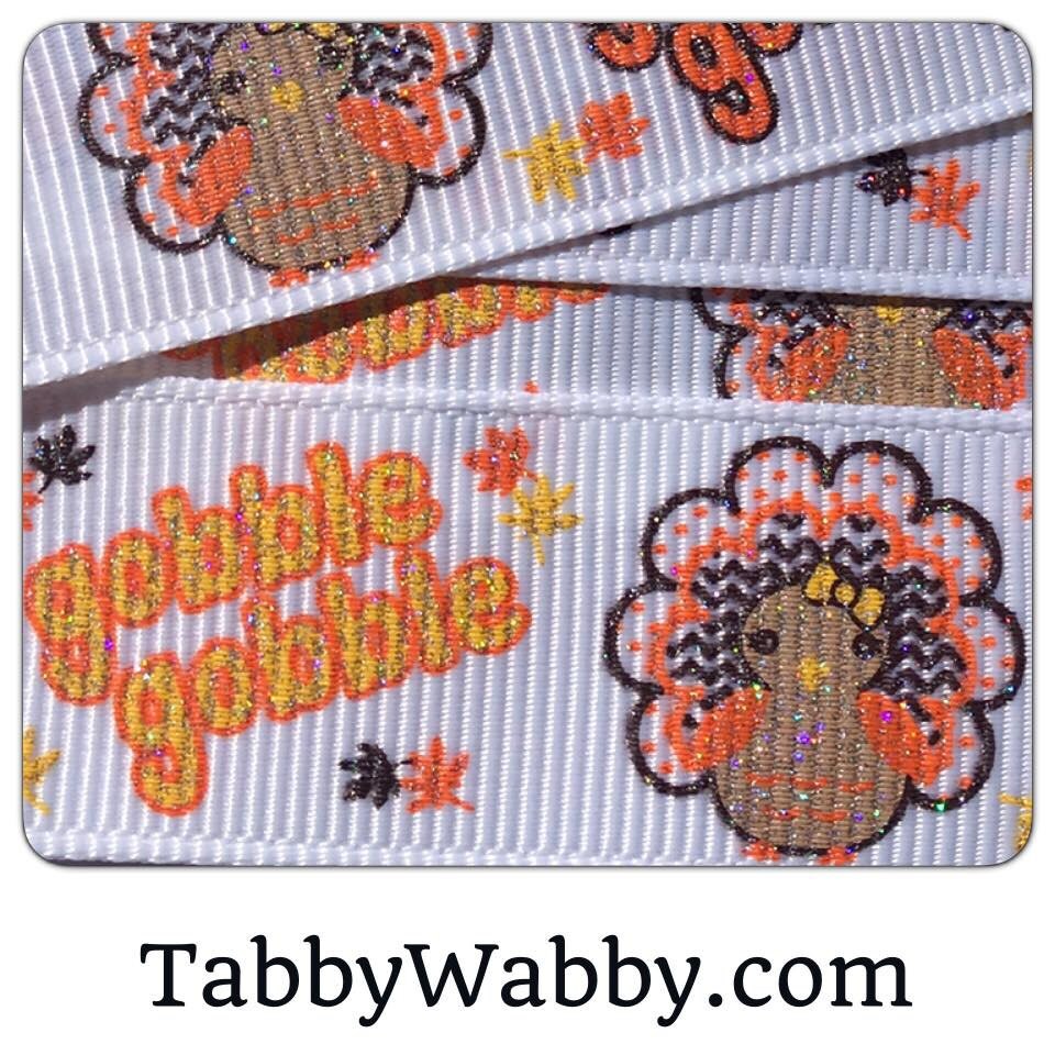 Gobble Gobble Turkeys All Glitter ink on white 5 yards 7/8" TWRH