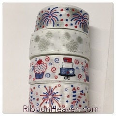 Fireworks & More all glitter red, blue, silver accents on white GG 5 yards each design 20 yards total 7/8" TWRH