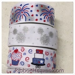 Patriotic Set Red Blue and Sivler Glitter ink 3 yards each design on white GG 7/8" Disney Fun total 12 yards TWRH