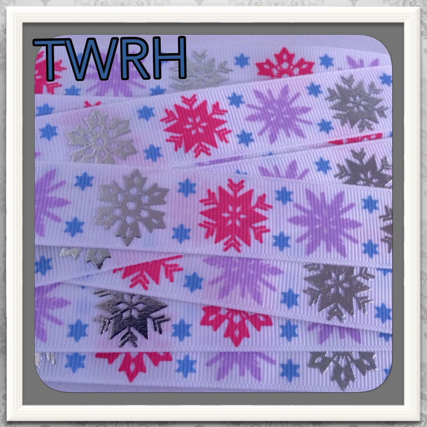 Frozen themed Snow Flakes w/ metallic 2 yards 7/8" on white TWRH
