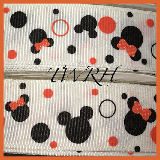 Orange & Black Mickey Minnie mouse heads 100 yards 7/8"on white TWRH