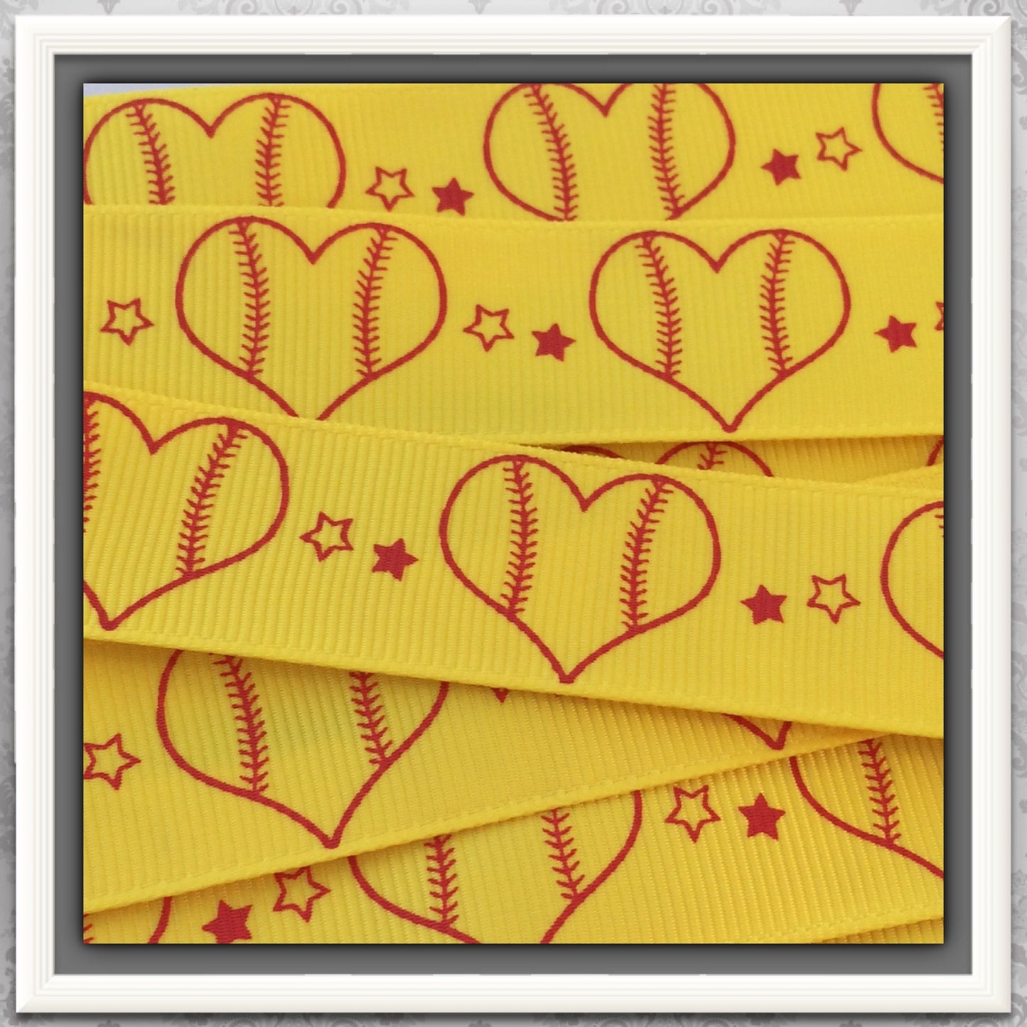 Baseball Hearts in Softball Red ink on Yellow GG 5 yds 7/8" TWRH