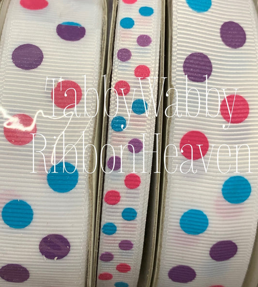 Hot pink, turquoise and purple Custom polka dots 4 yards 7/8" TWRH