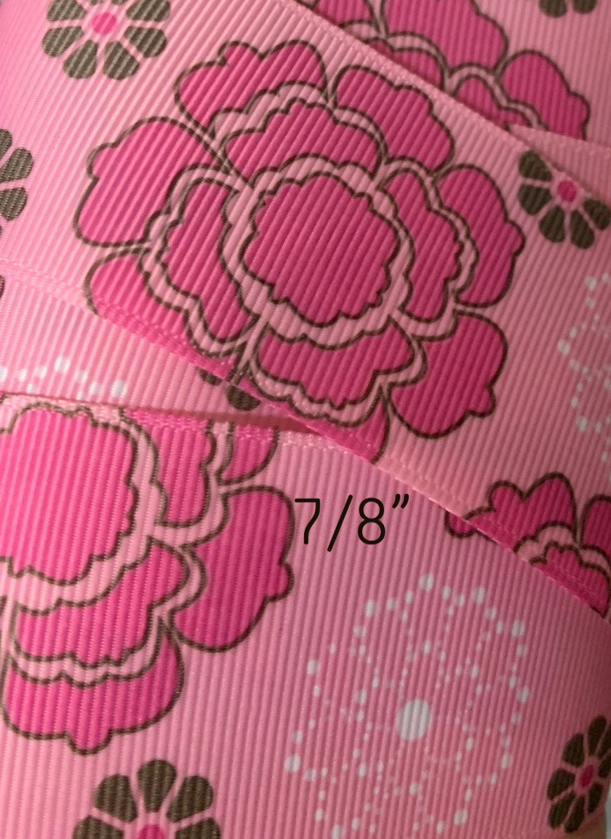Hot Pink / white Posies on pink 5 Yards 7/8” Ribbon - TWRH limited yards.