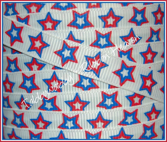 Patriotic Stars Red, White & Blue on white 3/8" Grosgrain Ribbon 6 Yards - TWRH