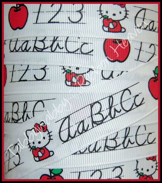 7/8 Back to School Apple Kitty Cat on white GG Ribbon 100 Yards - TWRH