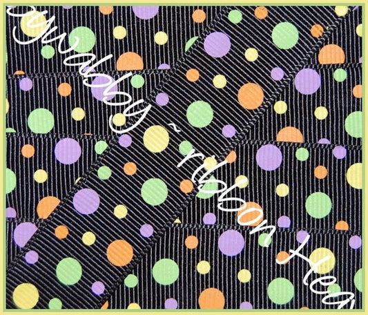 7/8" Candy Dots bright colors on black Grosgrain Ribbon 5 Yards - TWRH