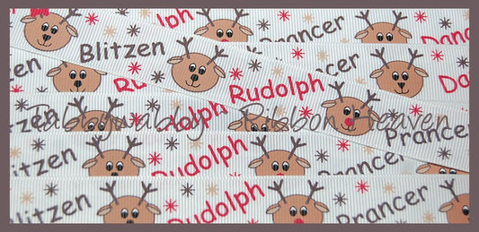 7/8" Winter Reindeer Rudolf Grosgrain Ribbon 4 Yards - TWRH