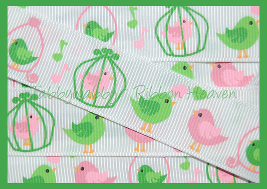 7/8" Song Birds Mint & Pink Grosgrain Ribbon 5 Yards - TWRH