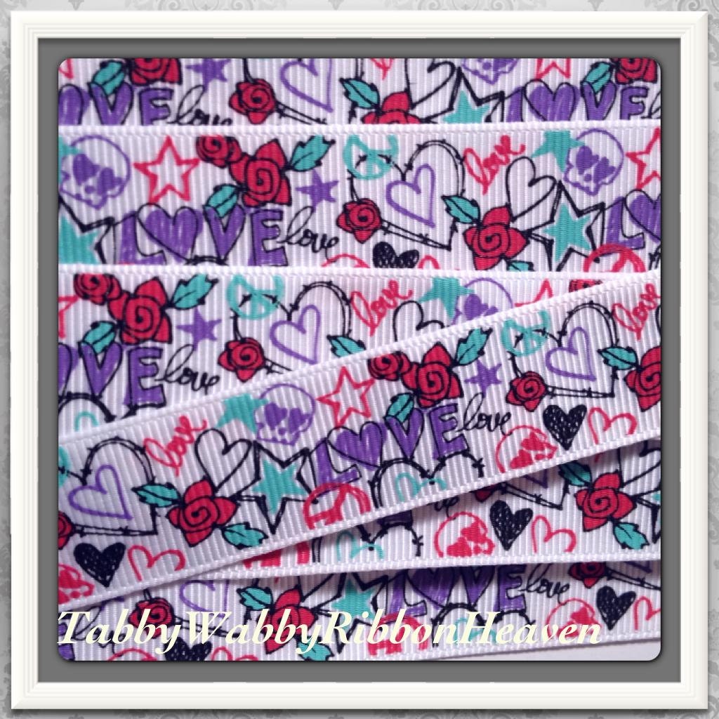 Scribble, Love & a Rose Fun grosgrain ribbon 4 Bows-5 yrds 7/8" TWRH