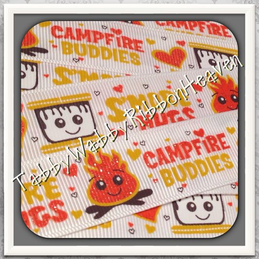 Campfire Buddies "BFF"on off white "Orange flames sparkles" New Set 7/8" 2 yds 2 pcs resins TWRH