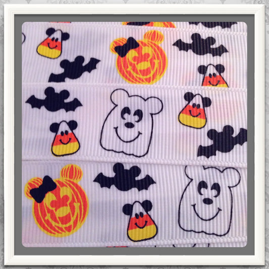 Mouse Ears on Pumpkins Candy Corn & Bats w/ Ghost 6 yds 7/8" on white + free sample