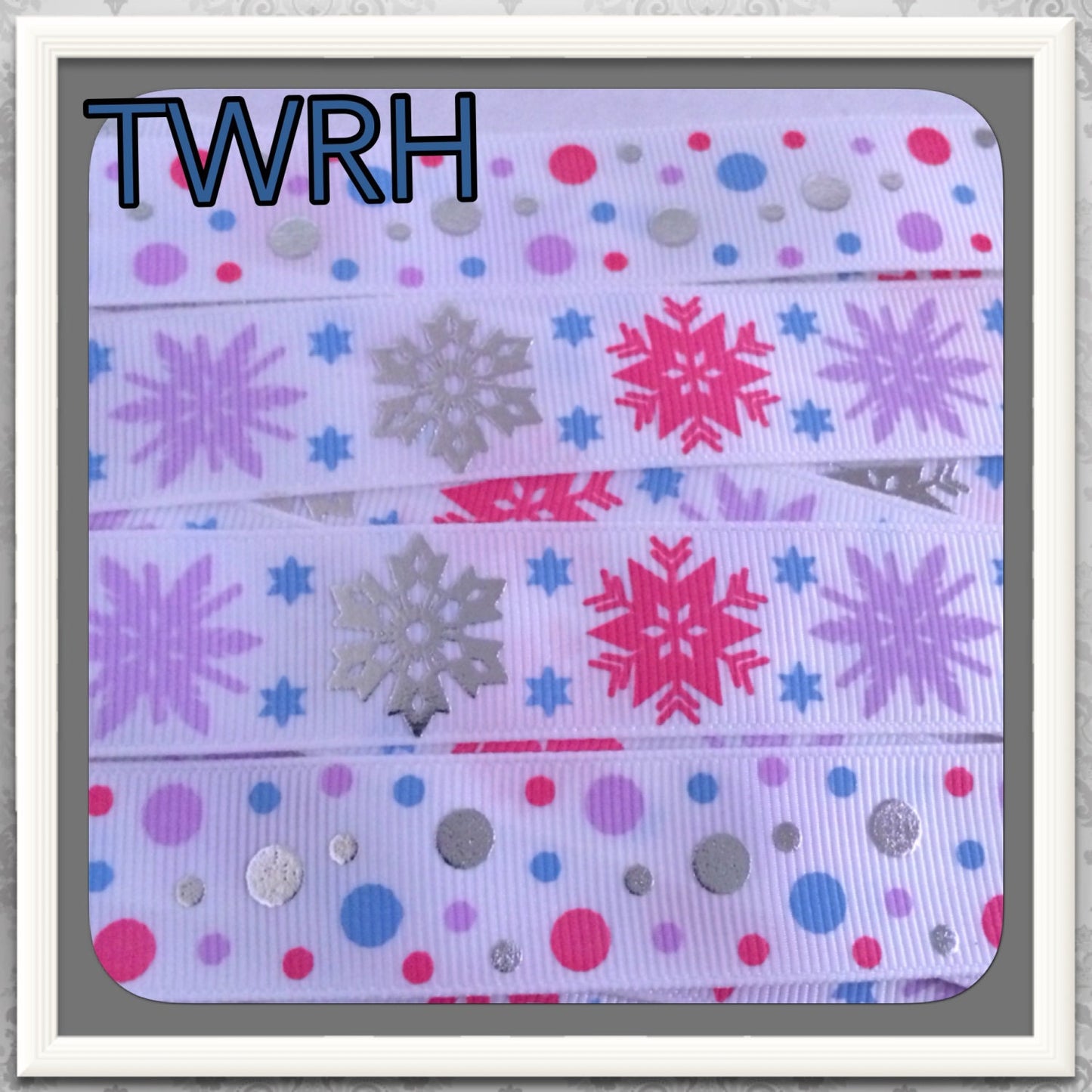 Frozen themed Matching Polka Dots to snowflakes w/ metallic shine 5 yards 7/8" on white TWRH