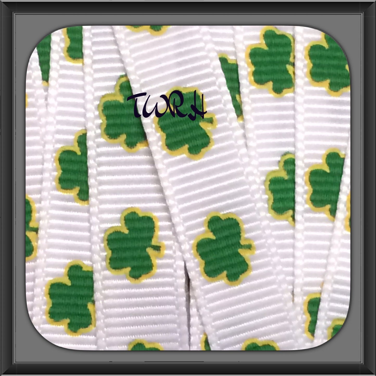 Lucky Charm Shamrocks with Gold ink trim on white 3/8" grosgrain ribbon 5 yards TWRH