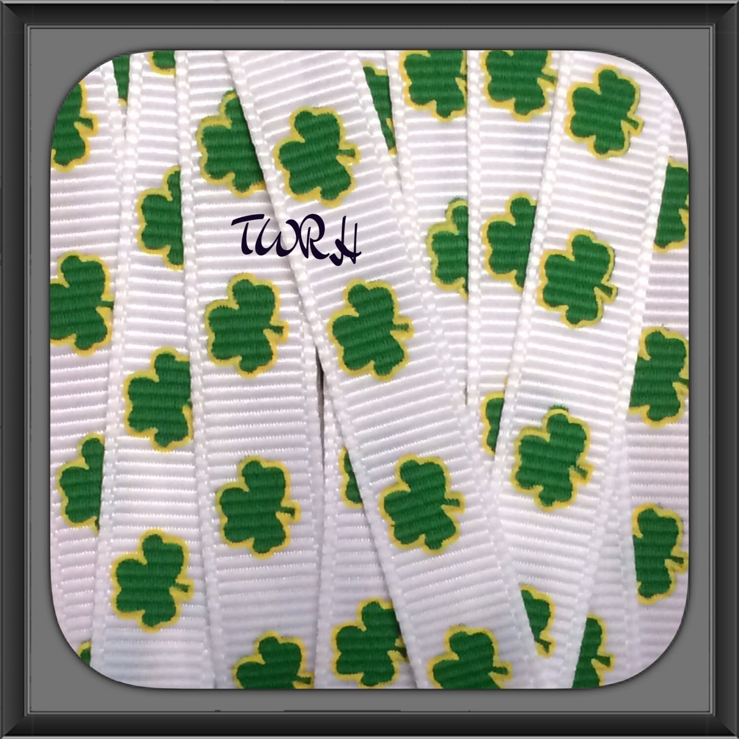 Lucky Charm Shamrocks with Gold ink trim on white 3/8" grosgrain ribbon 5 yards TWRH