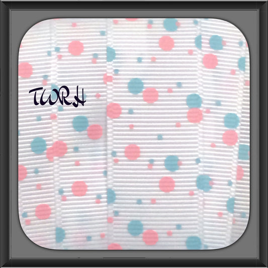 Pink & light Blue polka dots on white 7/8" Grosgrain Ribbon 5 yards TWRH