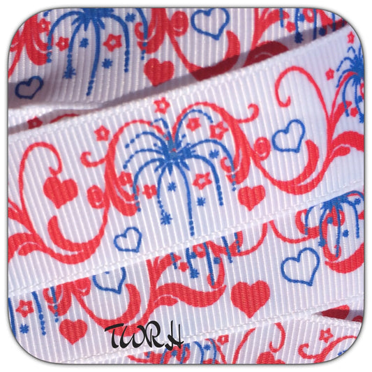 Scrolls and Fireworks with hearts on 7/8" white grosgrain Ribbon 6 yards TWRH