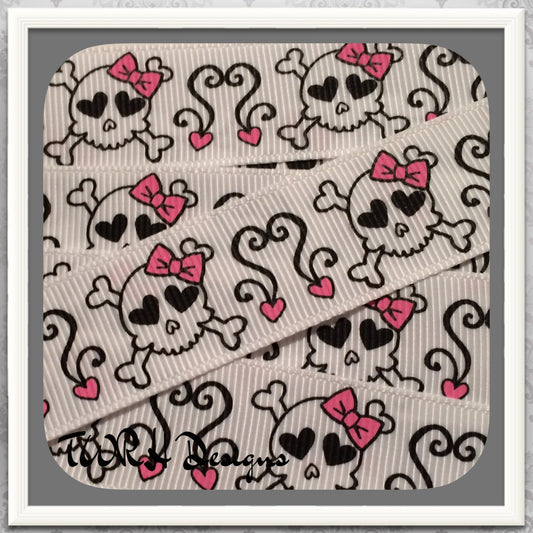NEW: Skulls Hearts and Scrolls on white 7/8" grosgrain ribbon 2 Yards Hot Pink & Black- TWRH