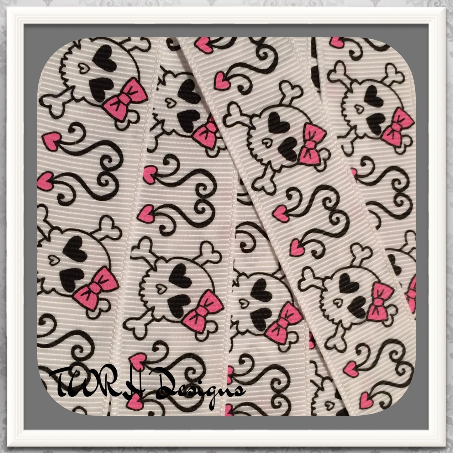 NEW: Skulls Hearts and Scrolls on white 7/8" grosgrain ribbon 2 Yards Hot Pink & Black- TWRH