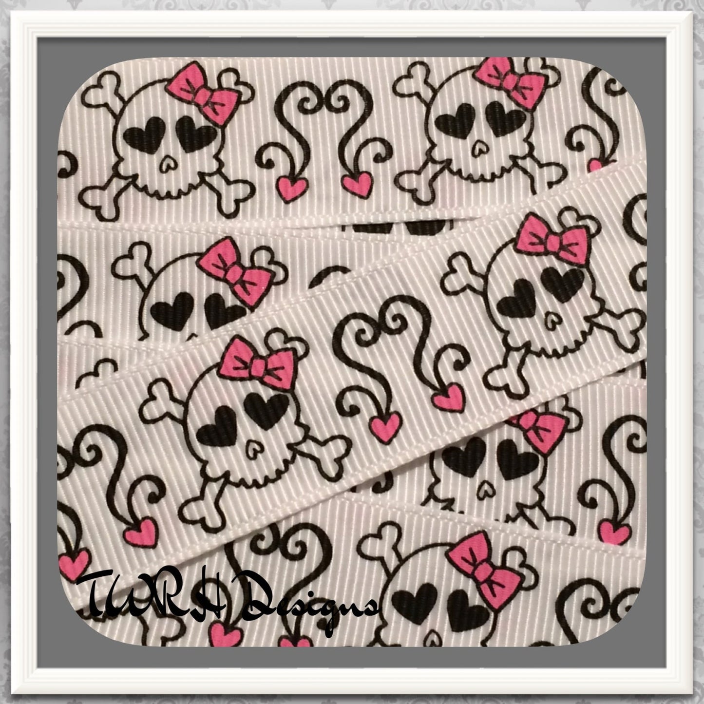 NEW: Skulls Hearts and Scrolls on white 7/8" grosgrain ribbon 6 Yards Hot Pink & Black- TWRH