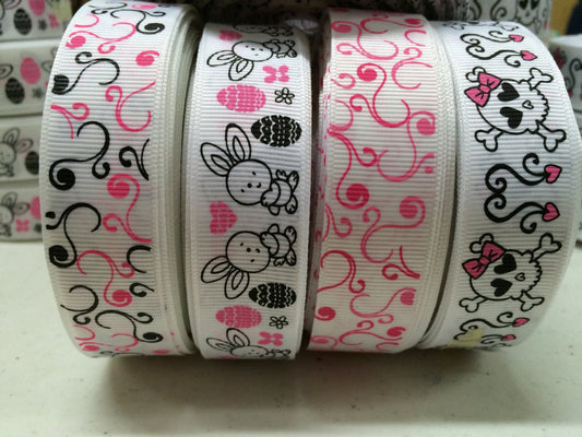 Skulls Bunny's and Scrolls Set on white 2 yds each design 7/8" grosgrain ribbon 8 Yards Hot Pink & Black- TWRH