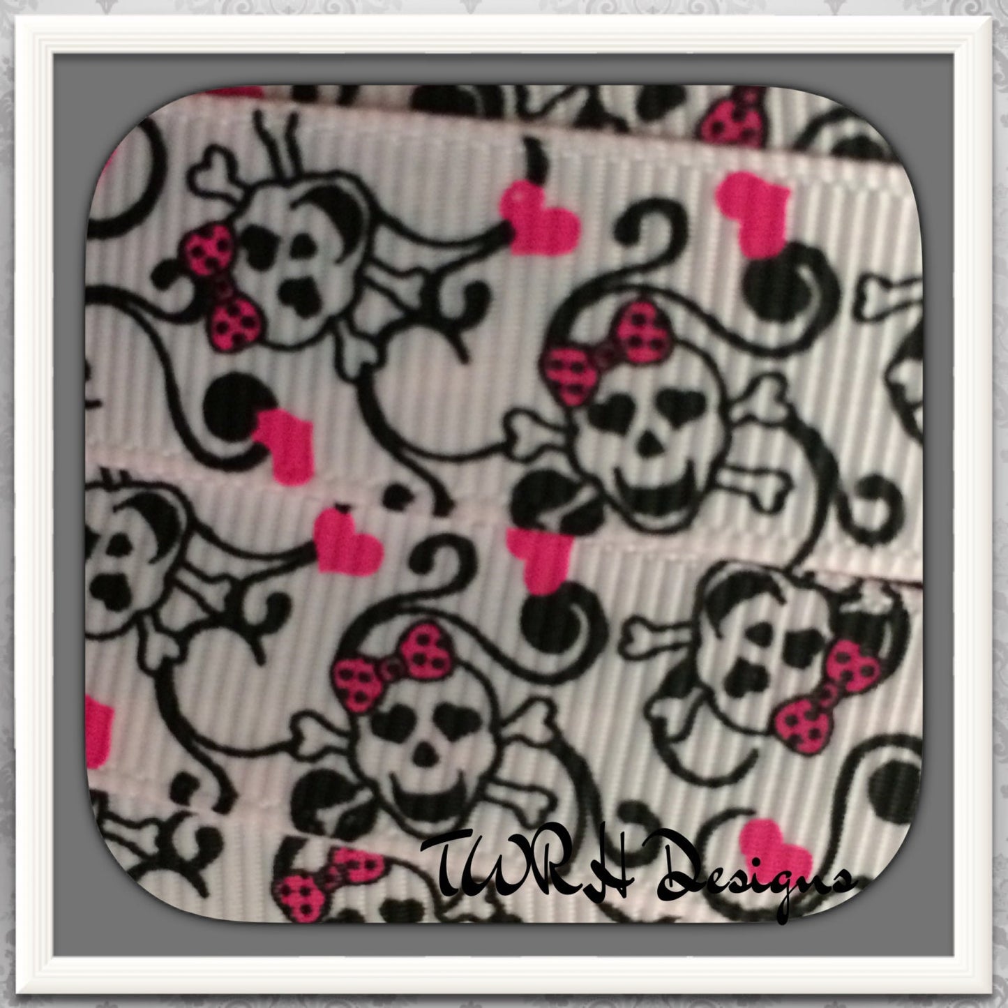 Beauty Skulls with hearts & scrolls on light pink 5/8" grosgrain ribbon 5 Yards- TWRH