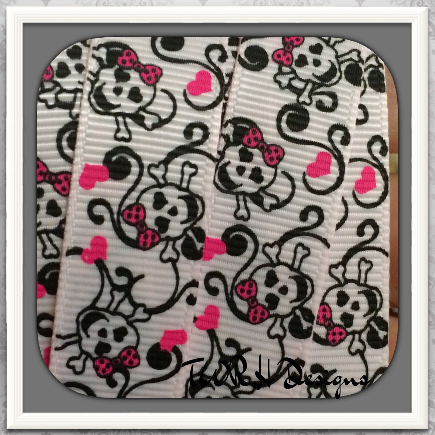Beauty Skulls with hearts & scrolls on light pink 5/8" grosgrain ribbon 5 Yards- TWRH