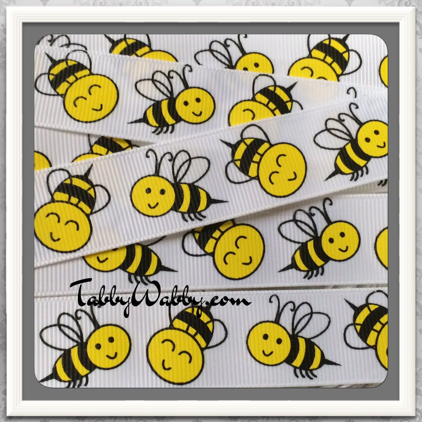 Buzzy the Bee MTMG on white 3/8" grosgrain ribbon 5 Yards- TWRH