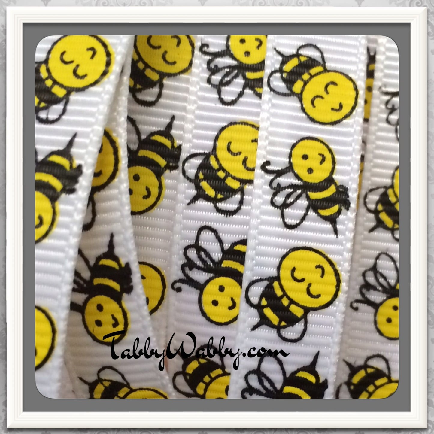 Buzzy the Bee MTMG on white 3/8" grosgrain ribbon 5 Yards- TWRH