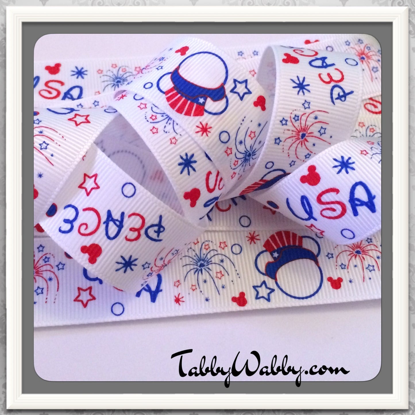Uncle Sam Mickey Peace USA & fireworks on white Grosgrain Ribbon 6 Yards 7/8"  - TWRH