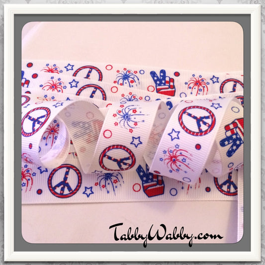 USA Pride w/ Peace Hand *fireworks & Peace sign 7/8" Grosgrain Ribbon 5 Yards - TWRH