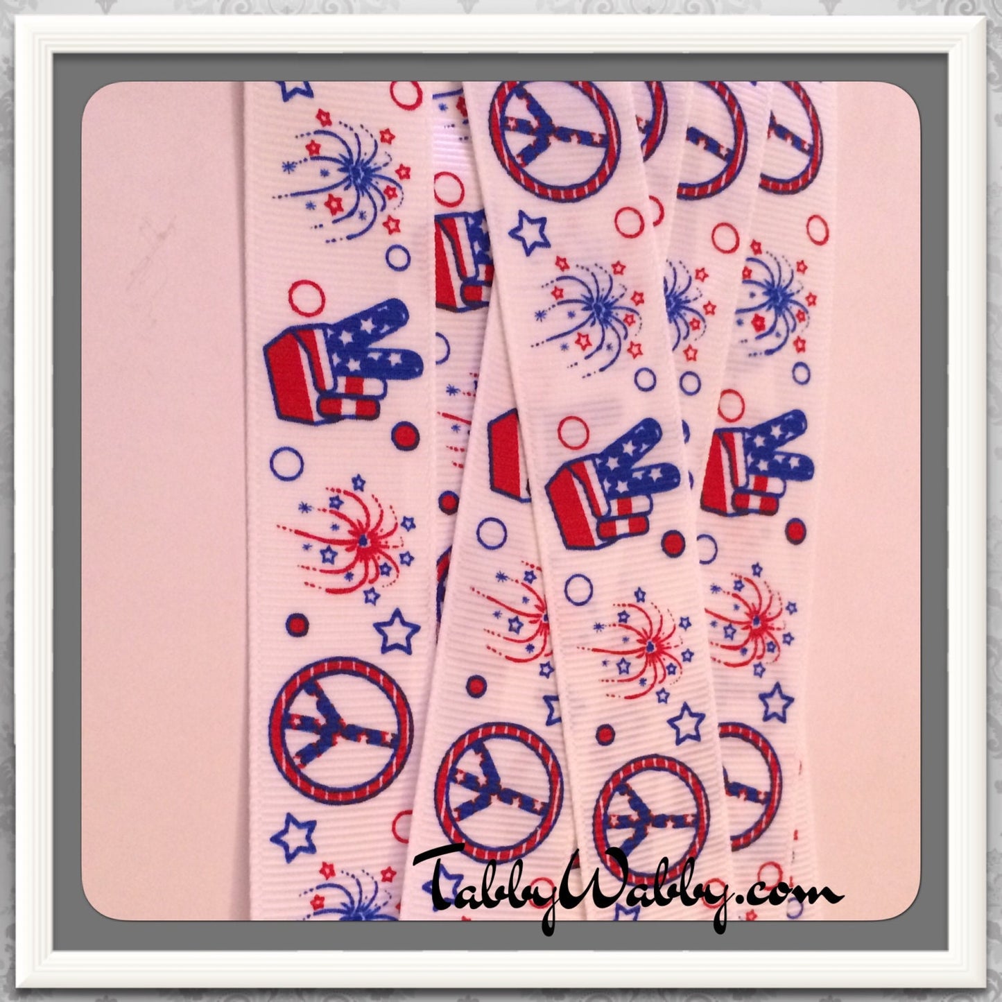 USA Pride w/ Peace Hand *fireworks & Peace sign 7/8" Grosgrain Ribbon 5 Yards - TWRH