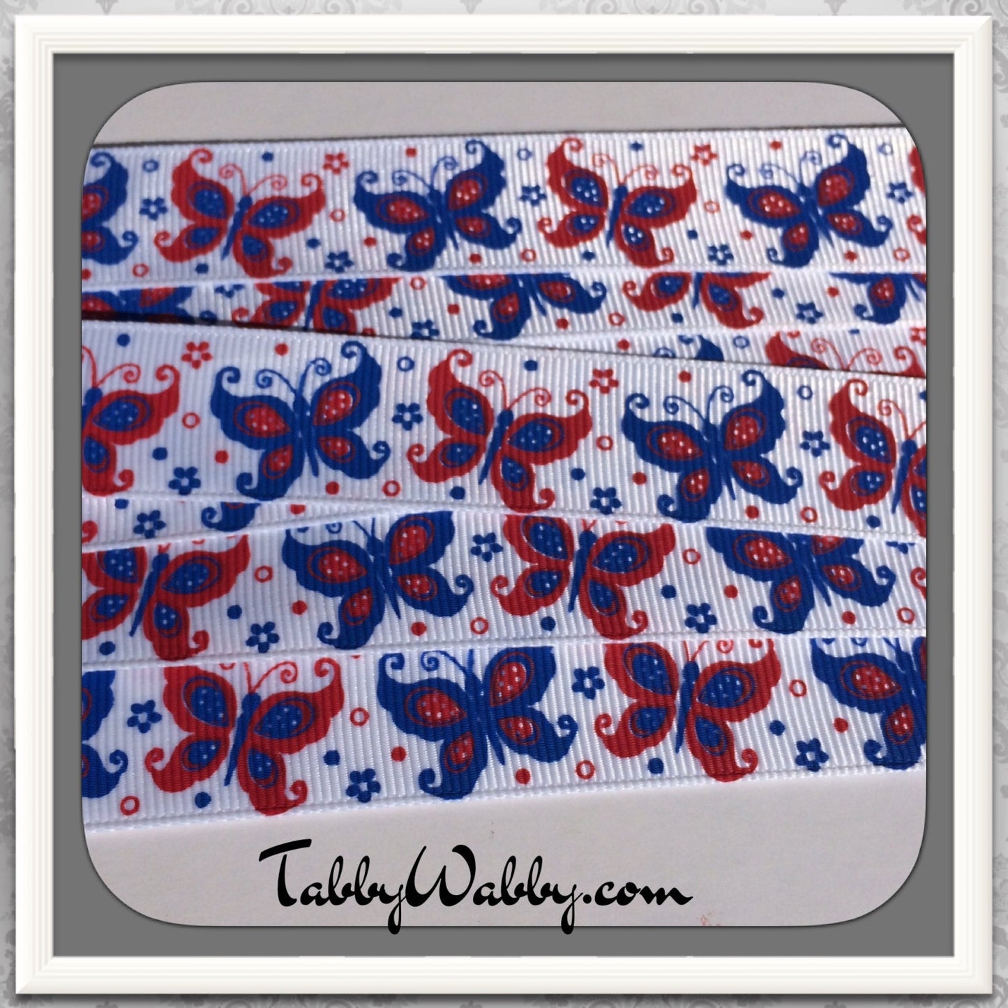 Patriotic Butterfly's 4 th of July *USA in Red & Blue 2 yds of 7/8" on white GG ribbon TWRH