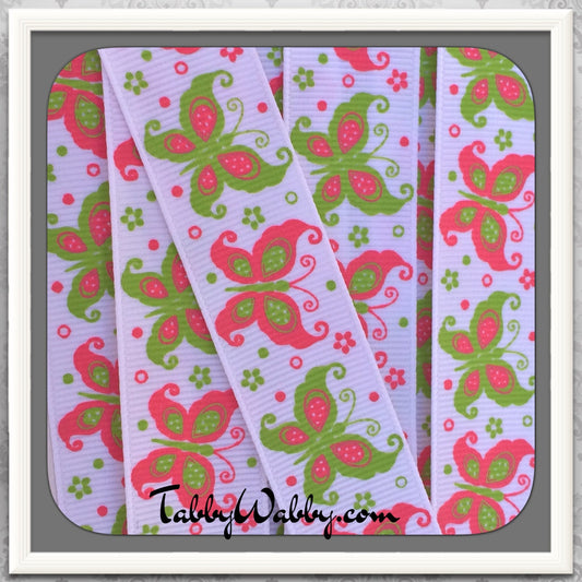 Butterfly's for Spring colors in Shocking Pink & Apple  6 yds of 7/8" on white GG ribbon TWRH