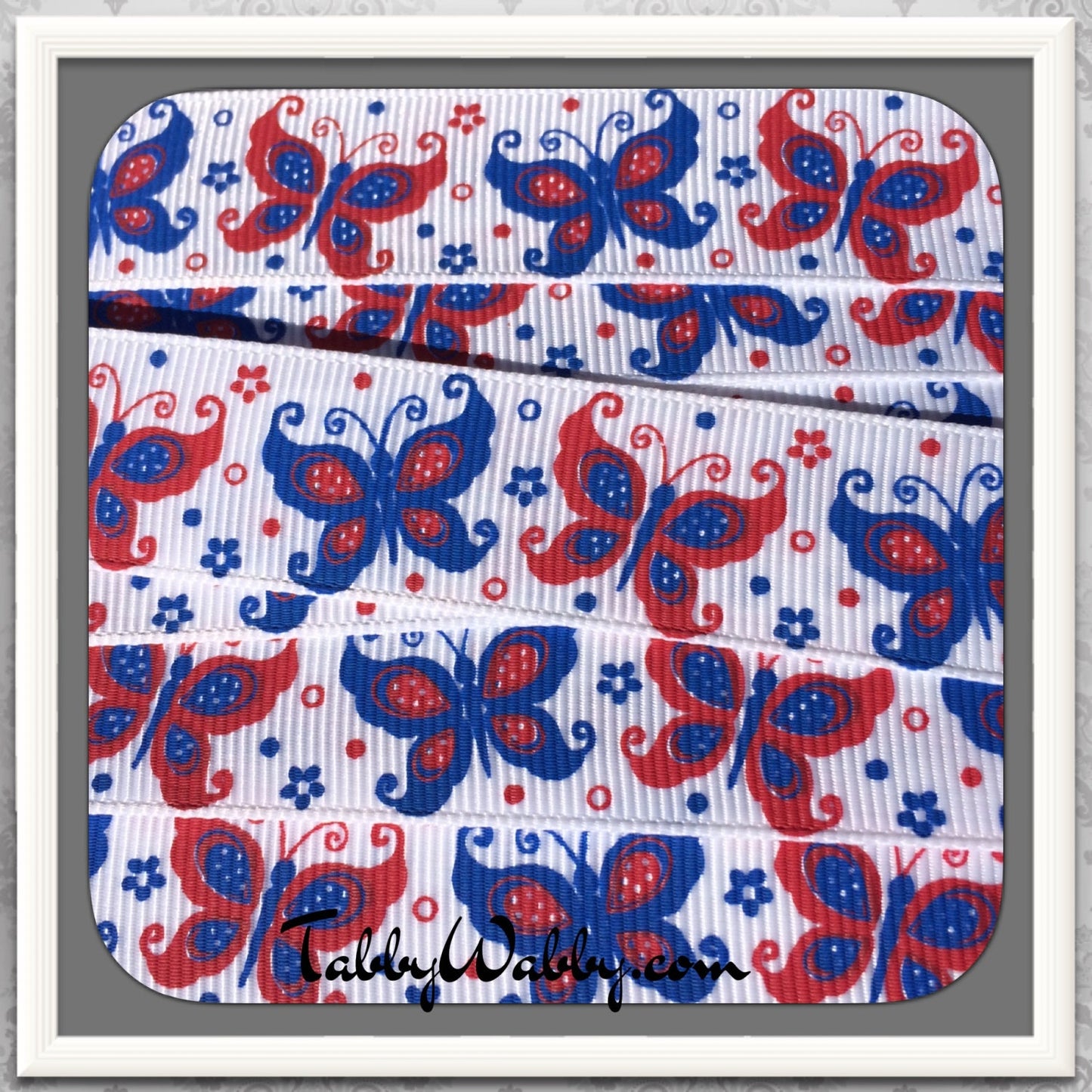 Patriotic Butterfly's 4 th of July *USA in Red & Blue 6 yds of 7/8" on white GG ribbon TWRH