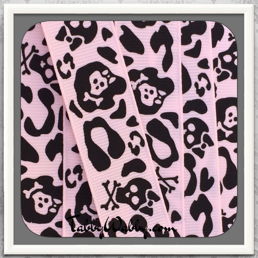 Animal print w/ Girl Skulls on Light Pink 7/8" Grosgrain Ribbon 5 yards - TWRH