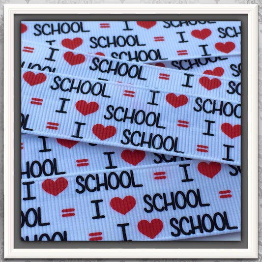 I Love School = 5 yards on White 7/8" grosgrain ribbon  TWRH